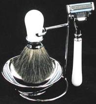 SHV04 Shaving Set White Mach 3 Razor Badger Brush Bowl & Stand