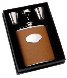 R3120 Tan leather Covered Hip Flask Set 6oz - Engravable & Gifts/Flasks