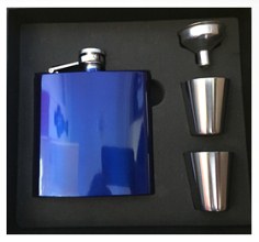X57421 Hip Flask 6oz Blue Gloss Gift Boxed 2 Cups & Funnel - Engravable & Gifts/Flasks
